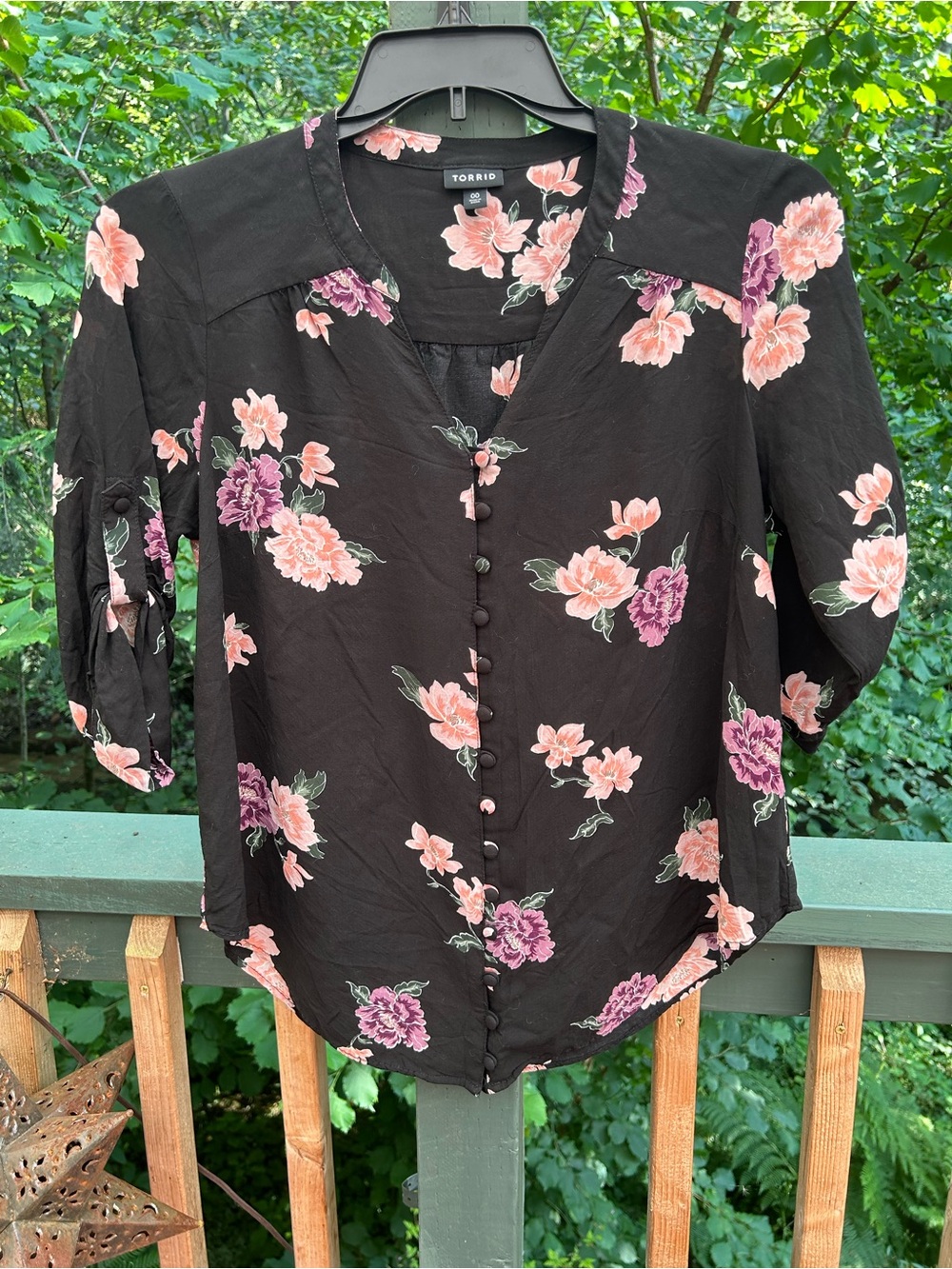 torrid Black Floral Button-Front Blouse with Pink and Purple Blooms